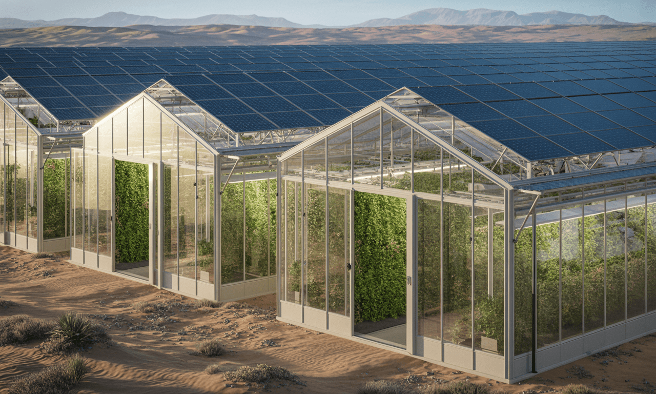 Agrivoltaic cropland in Iraq — elevated PV arrays above active farmland