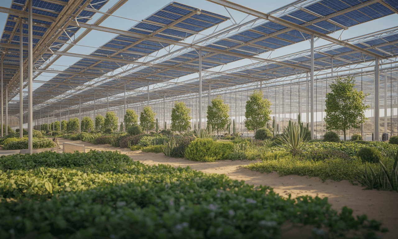 Erbil agrivoltaic greenhouse — elevated PV arrays over cropland, Kurdistan, Iraq