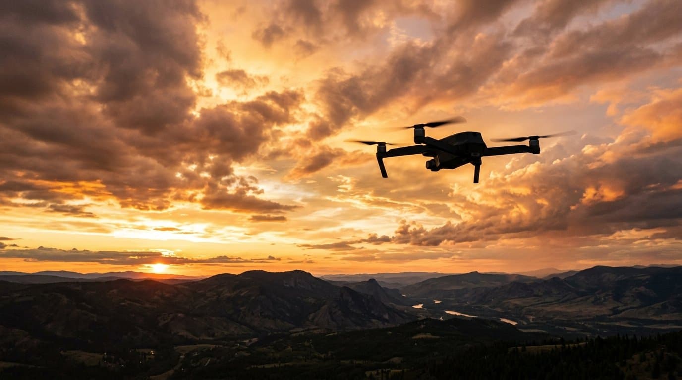 Drone in flight against a golden-hour sky